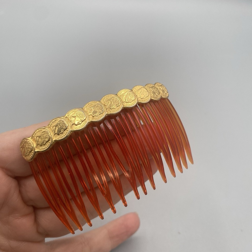Vintage Plastic Hair Combs Gold Tone Metal Roman Coins Made in USA 2pcs - Picture 3 of 7